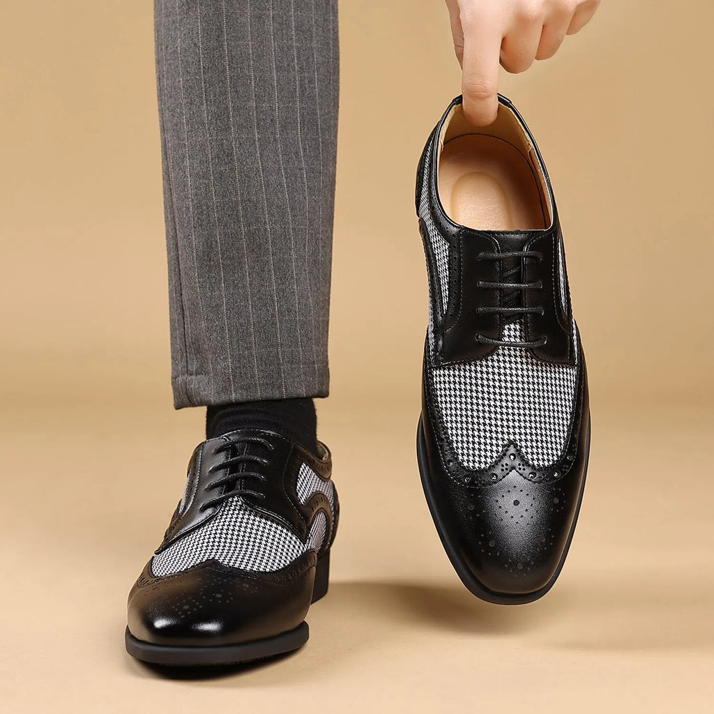 Men's casual leather shoes with black and white houndstooth pattern, square toe, and lace-up front.