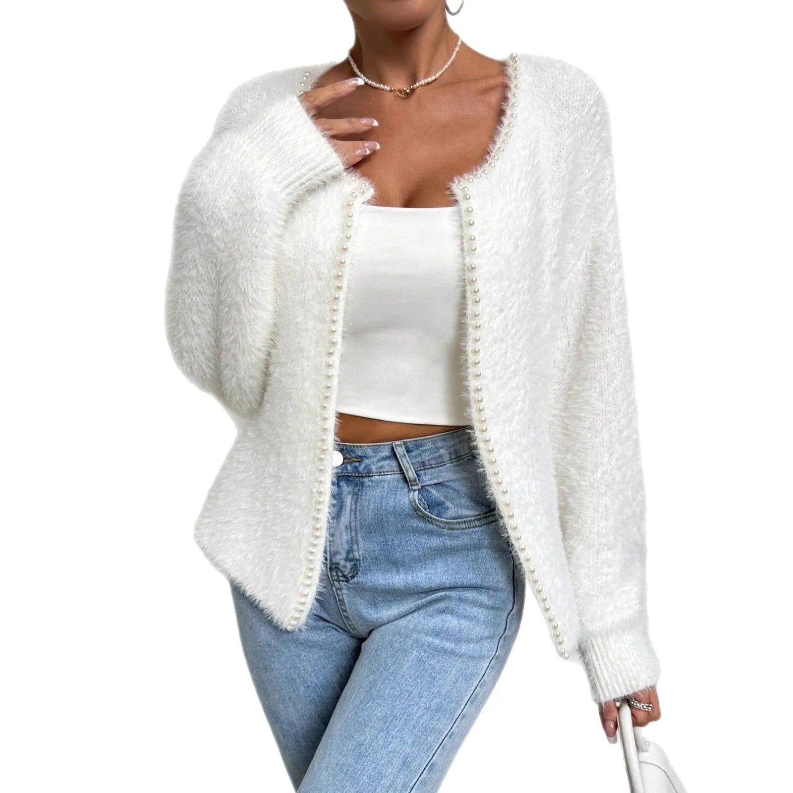 Women's white V-neck cardigan with bead detailing on polyester knit fabric