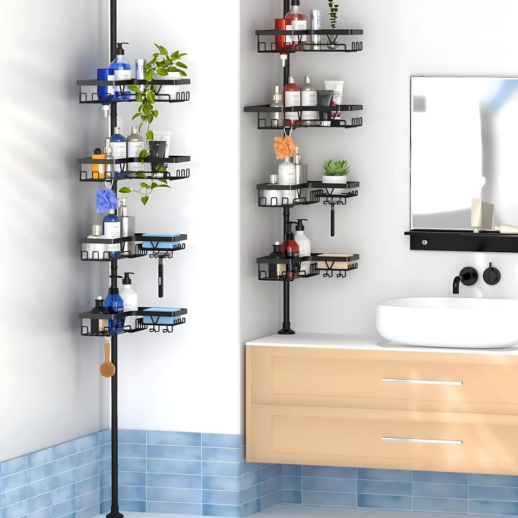 Modern hole-free retractable bathroom storage rack with four shelves made of stainless steel and iron.