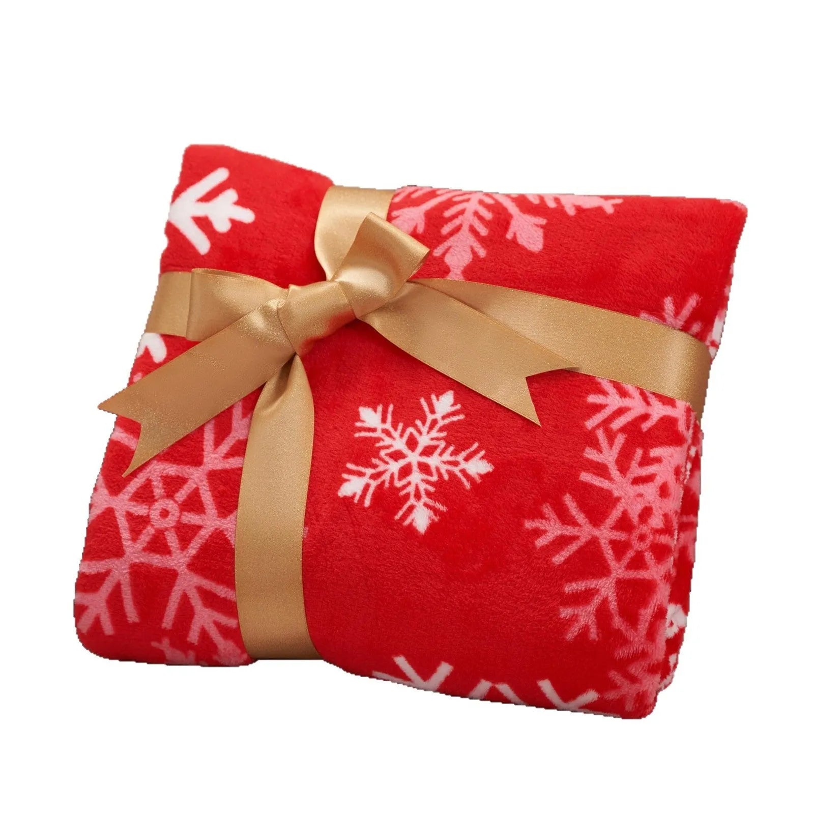 Soft flannel red Christmas blanket with plush texture on a sofa, showing reversible design and size scale.