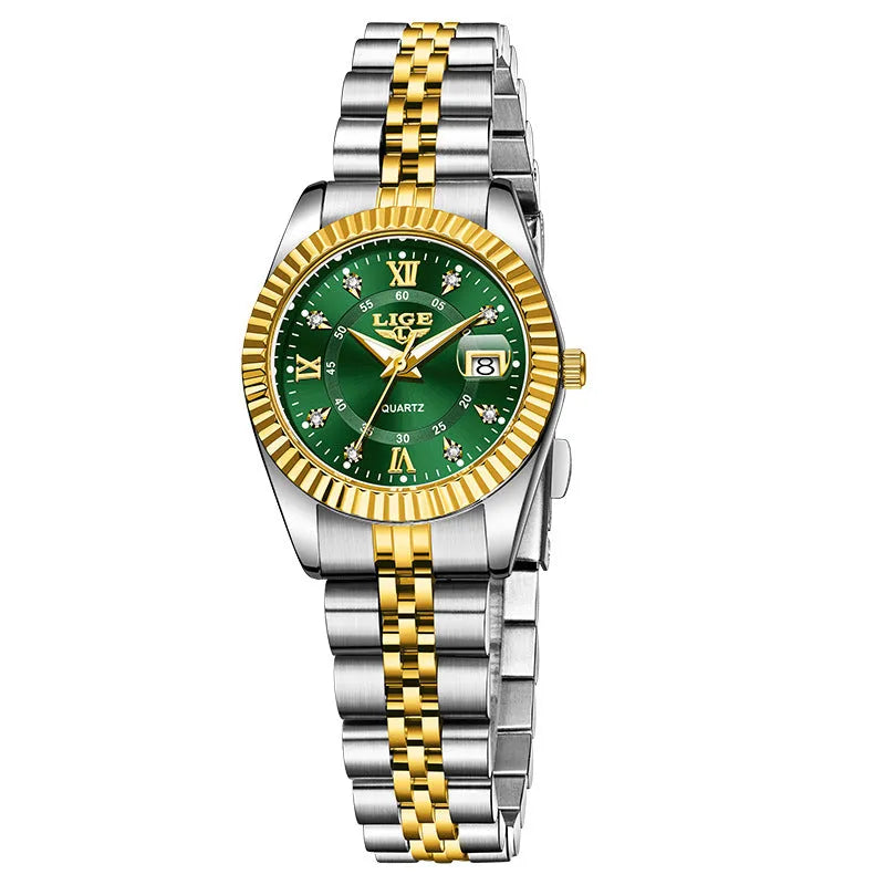 Waterproof leisure quartz watch in gold and silver colour options with 10mm case thickness.