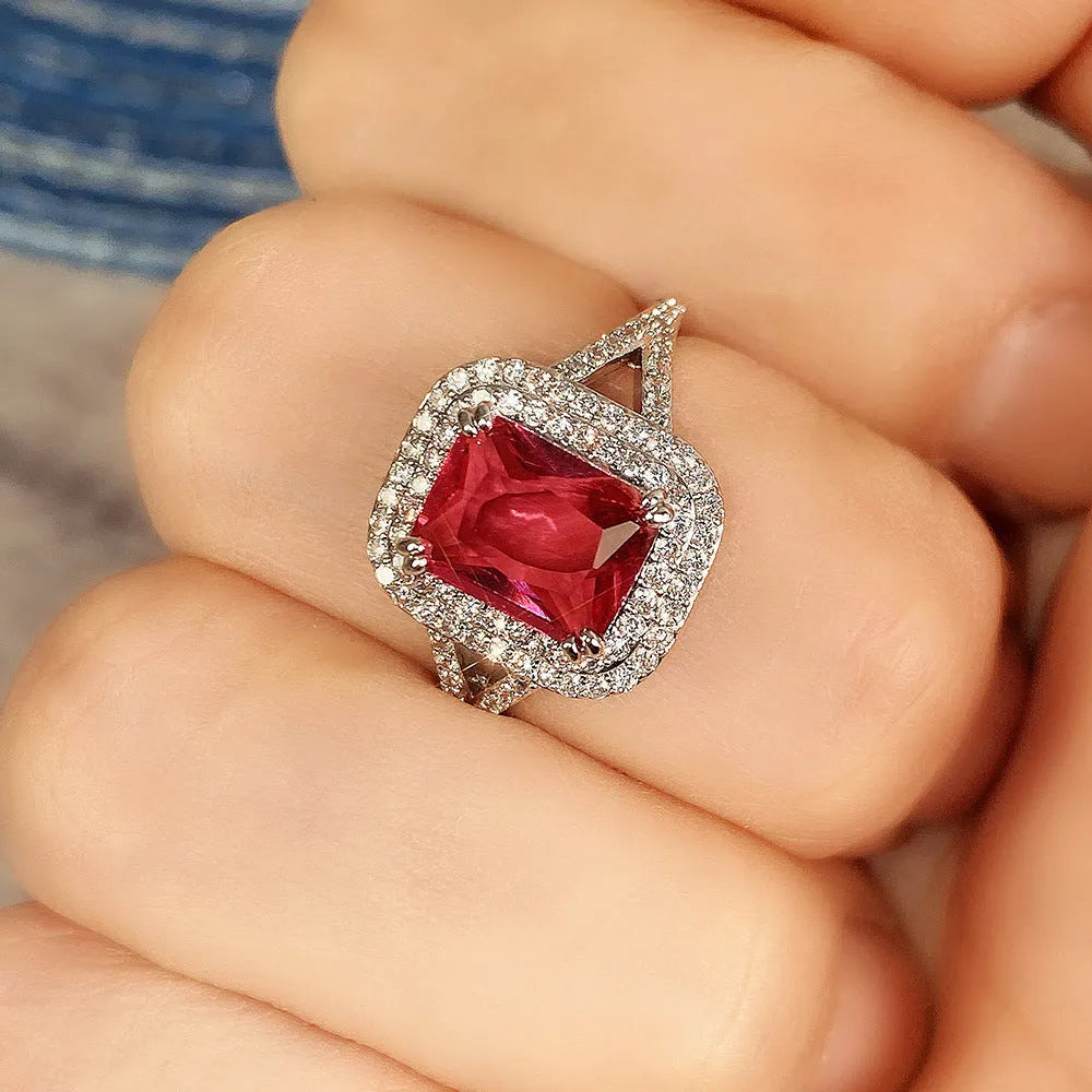 Copper square ring with red rhinestone centre stone, geometric women's jewellery