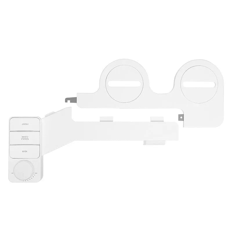 KB06 pure white non-electric wash butt-lifting tool with button, removable nozzle, and three brass adapters on a white background.