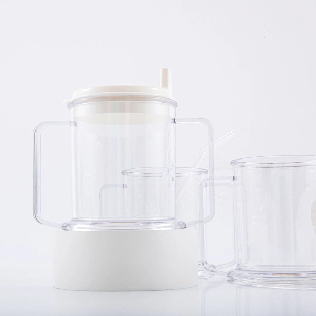 Transparent plastic drinking cup with spill-proof design showing 301-400ml capacity