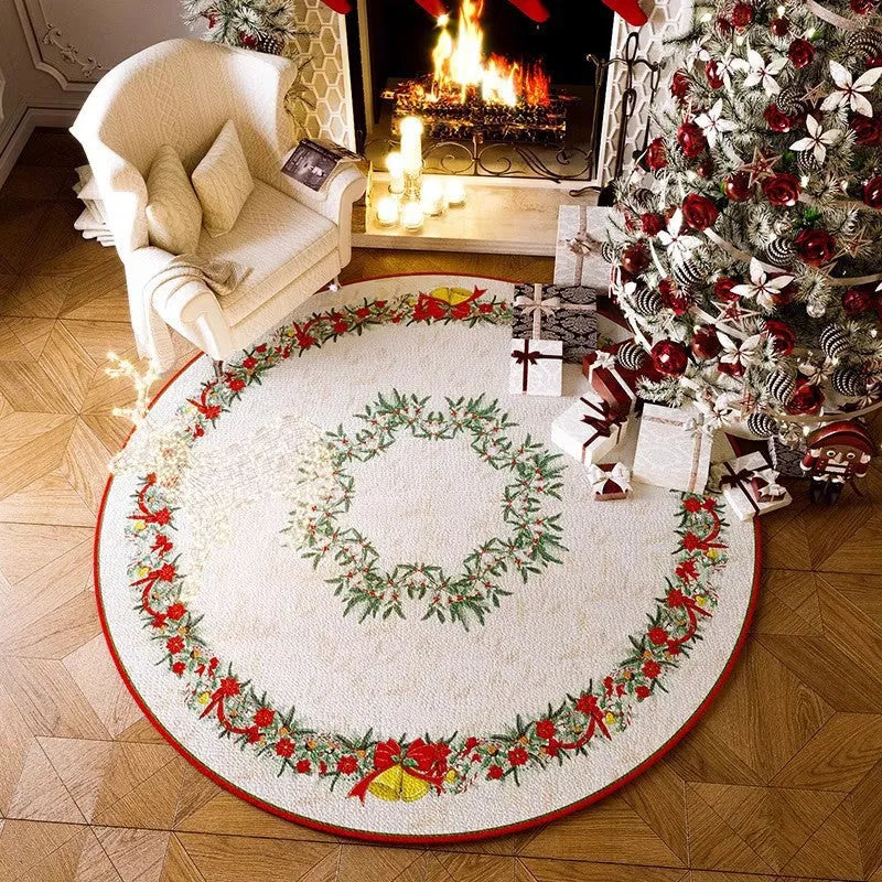 Round red Christmas-themed polyester floor mat with non-slip absorbent base on a living room floor.