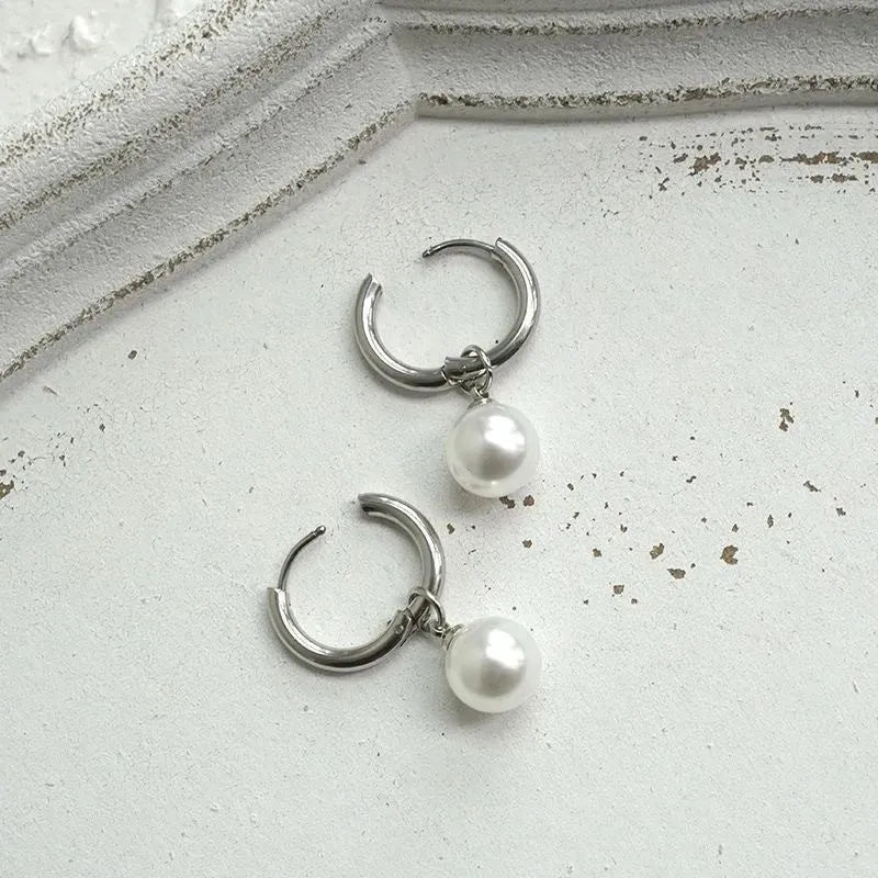 Geometric pearl drop earrings with alloy construction and titanium steel components