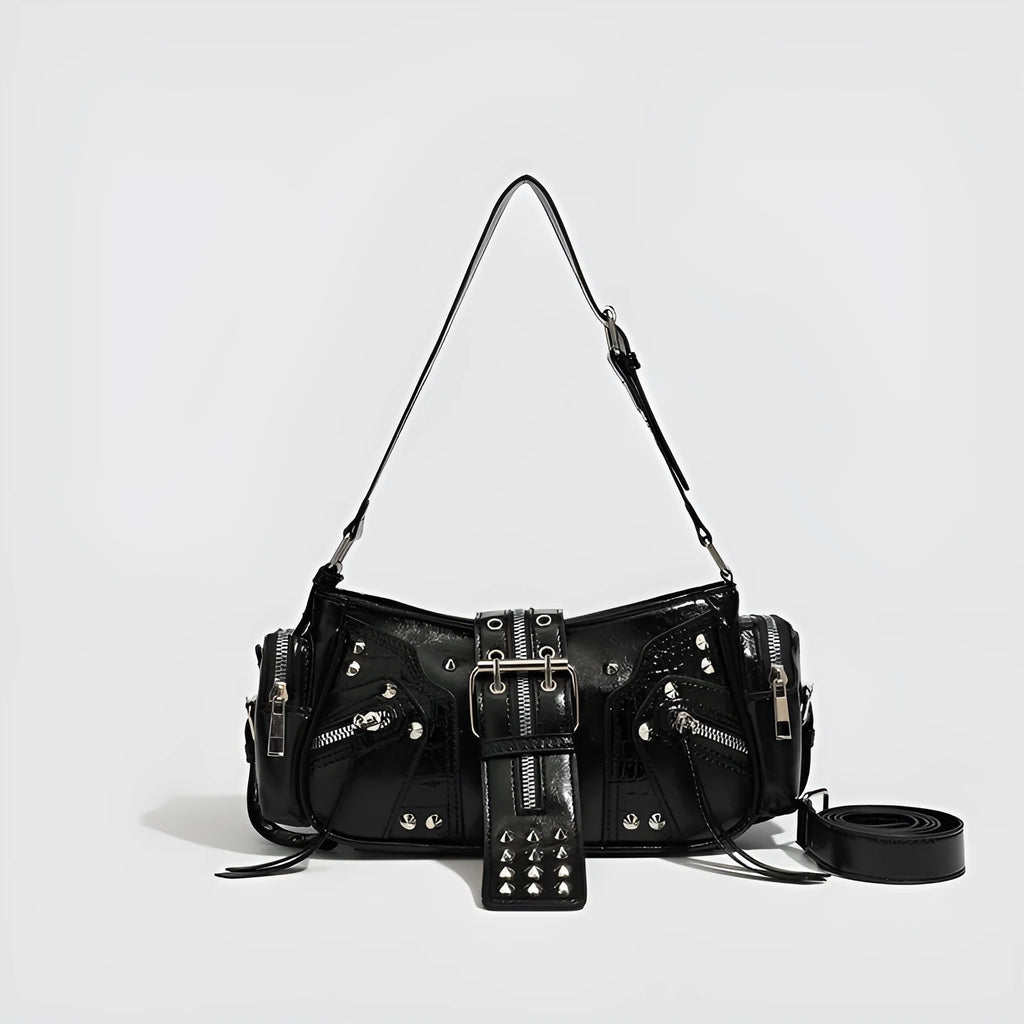 Black retro dumpling-shaped handbag with oil wax leather finish and three-dimensional pocket design