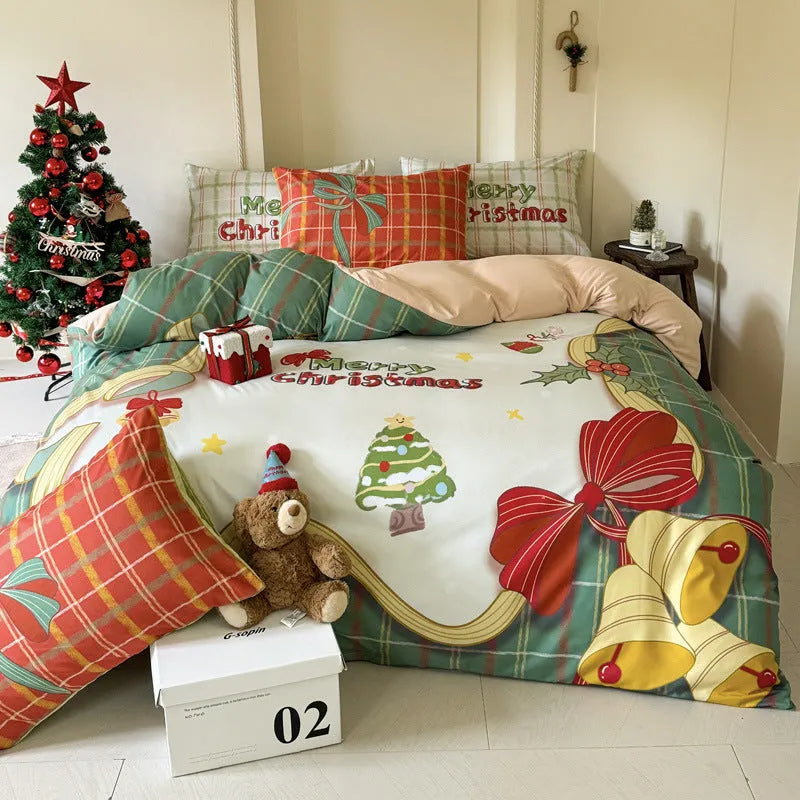 Christmas cartoon print bedding set with gingerbread man design on washed cotton, showing duvet cover and pillowcases.