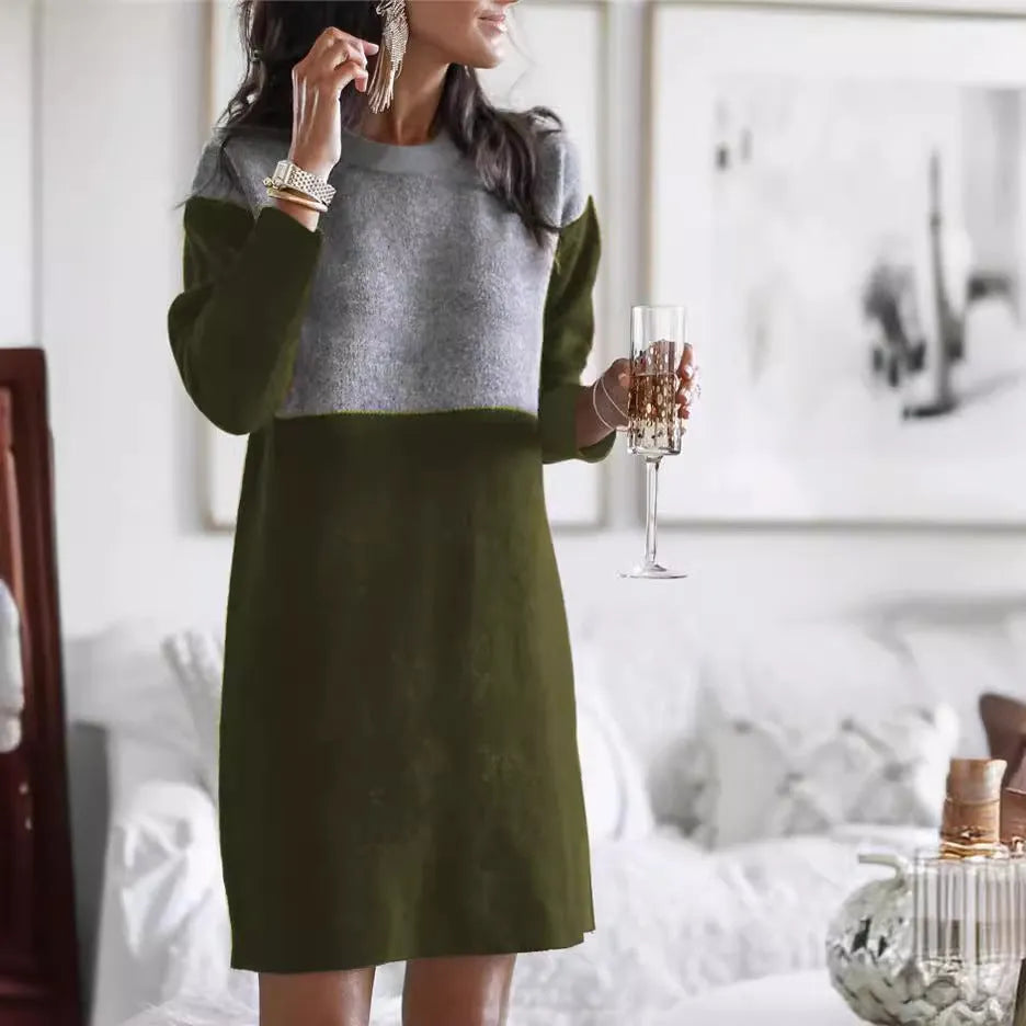Brown women's art retro patchwork sweater dress with princess cut silhouette and long sleeves