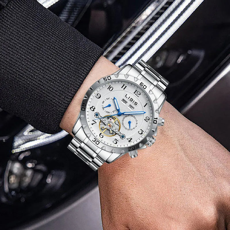 Men's silver automatic perpetual calendar mechanical watch with stainless steel strap