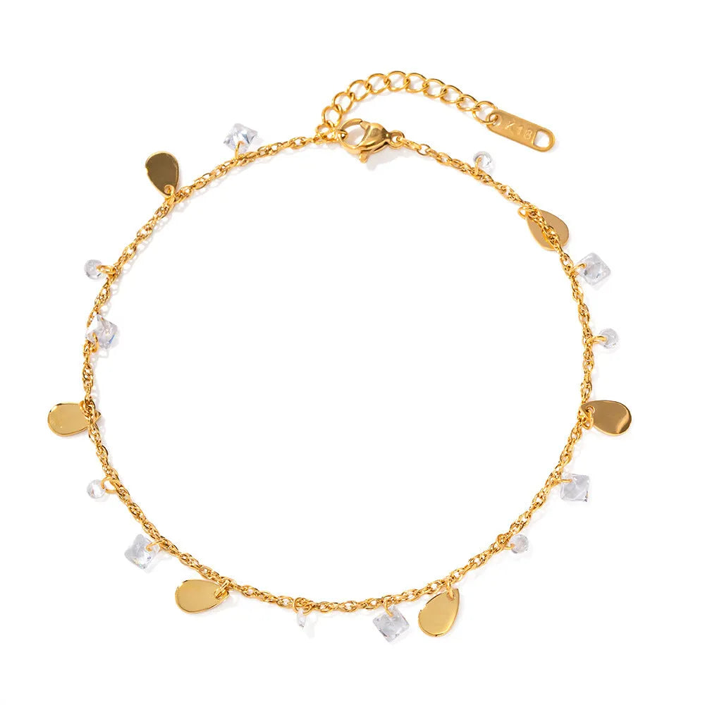 Women's stainless steel anklet with geometric water drop tassel design on adjustable chain