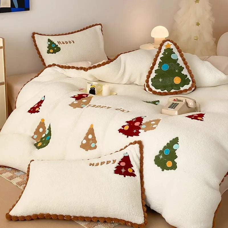 Bright yellow Christmas tree bedding four-piece set with embroidery detailing on milk fibre fabric