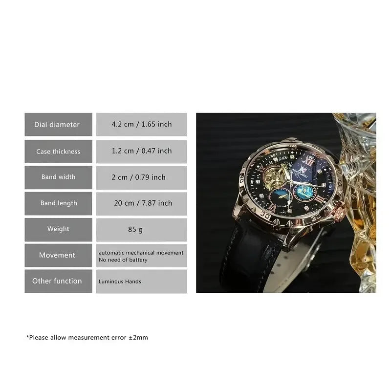 Men's automatic mechanical watch with large hollow dial and rose gold black casing