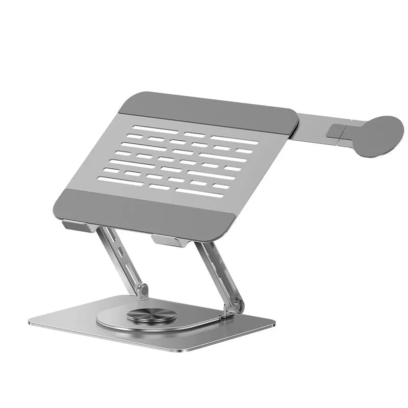 Silver carbon steel laptop stand with a side-mounted magnetic phone holder rotated to the side.