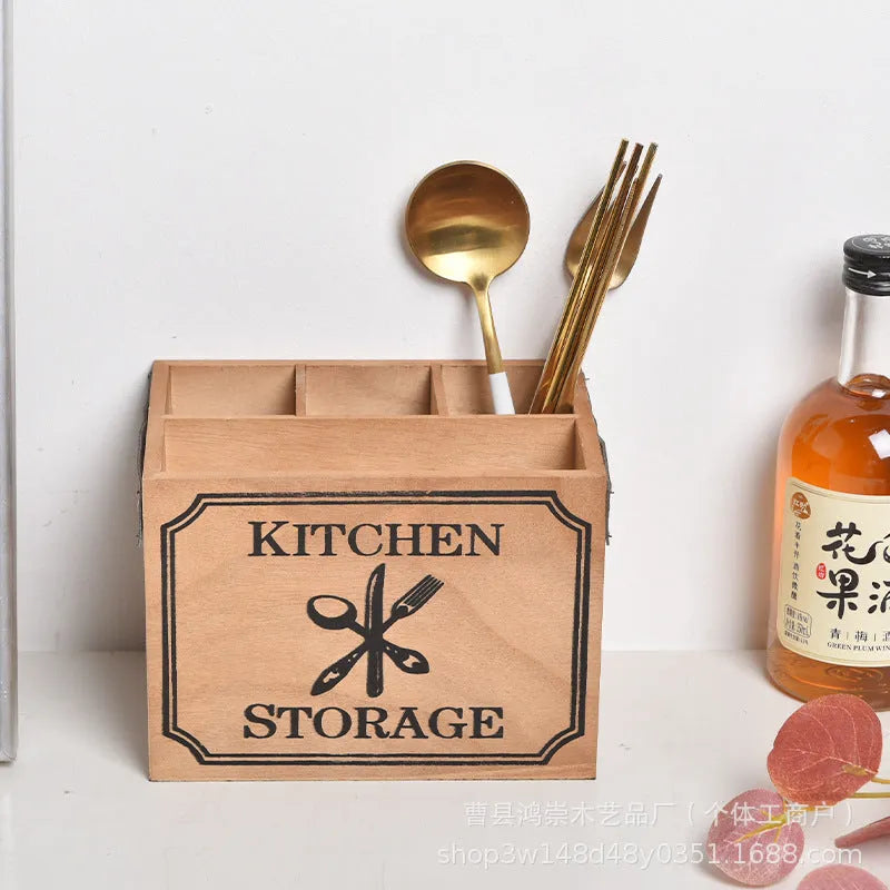 Wooden kitchen storage box with grid compartments for knives forks chopsticks measuring 12.5x12.5x23cm
