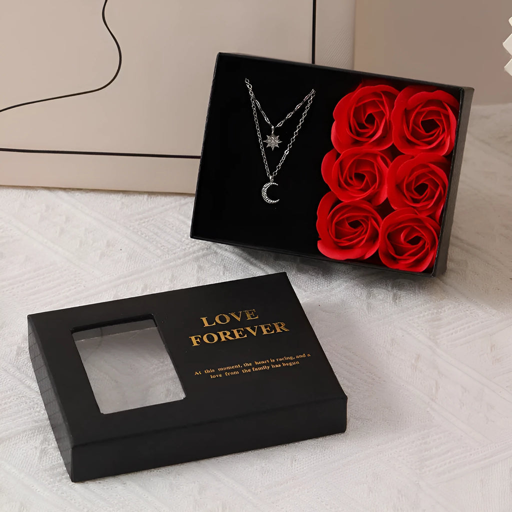 Korean style soap flower gift box set with six roses, presentation box, and handbag in red, pink, or black.