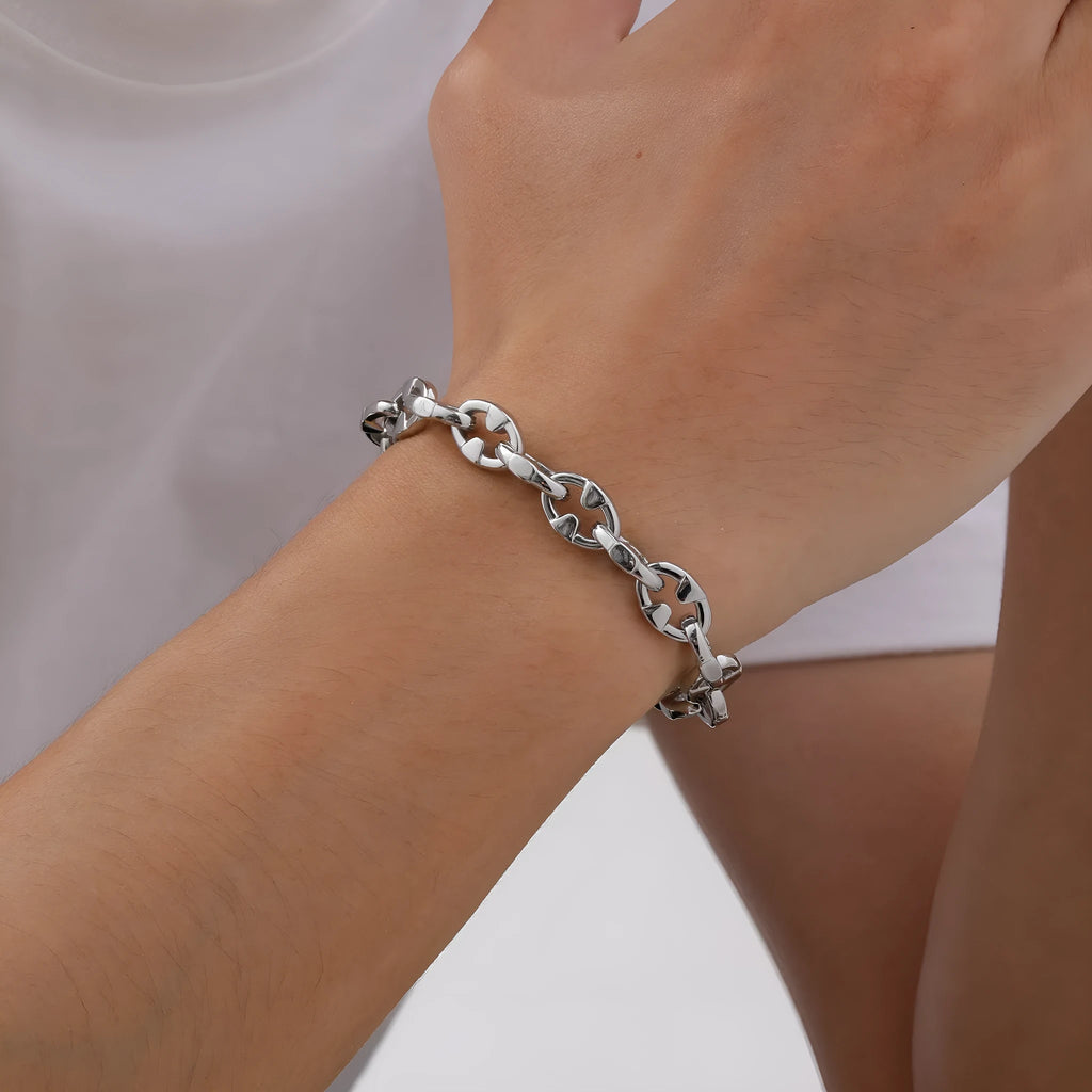 Men's stainless steel thick geometric chain bracelet with handmade construction