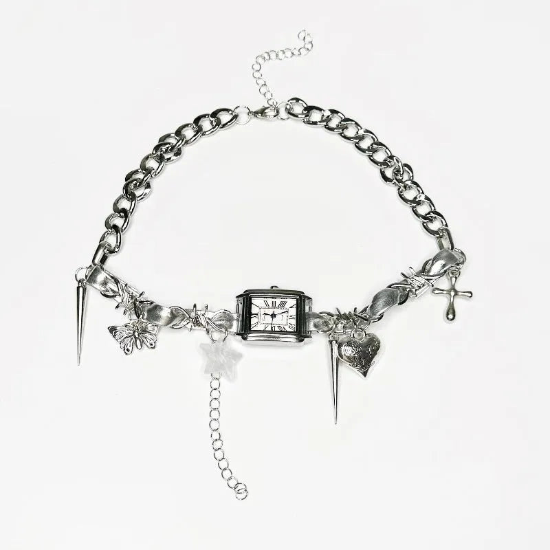 Dark style multi-layer cross necklace with twin clavicle chains and hemp flowers elements