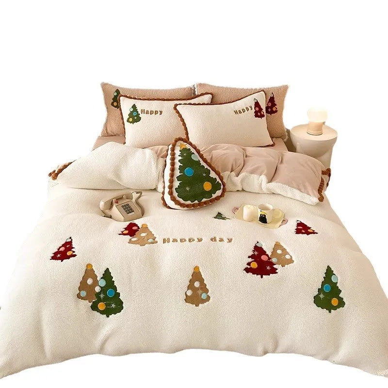 Bright yellow Christmas tree bedding four-piece set with embroidery detailing on milk fibre fabric