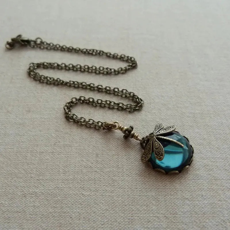 Yellow vintage bronze dragonfly pendant necklace on 925 silver adjustable chain with hand carved details