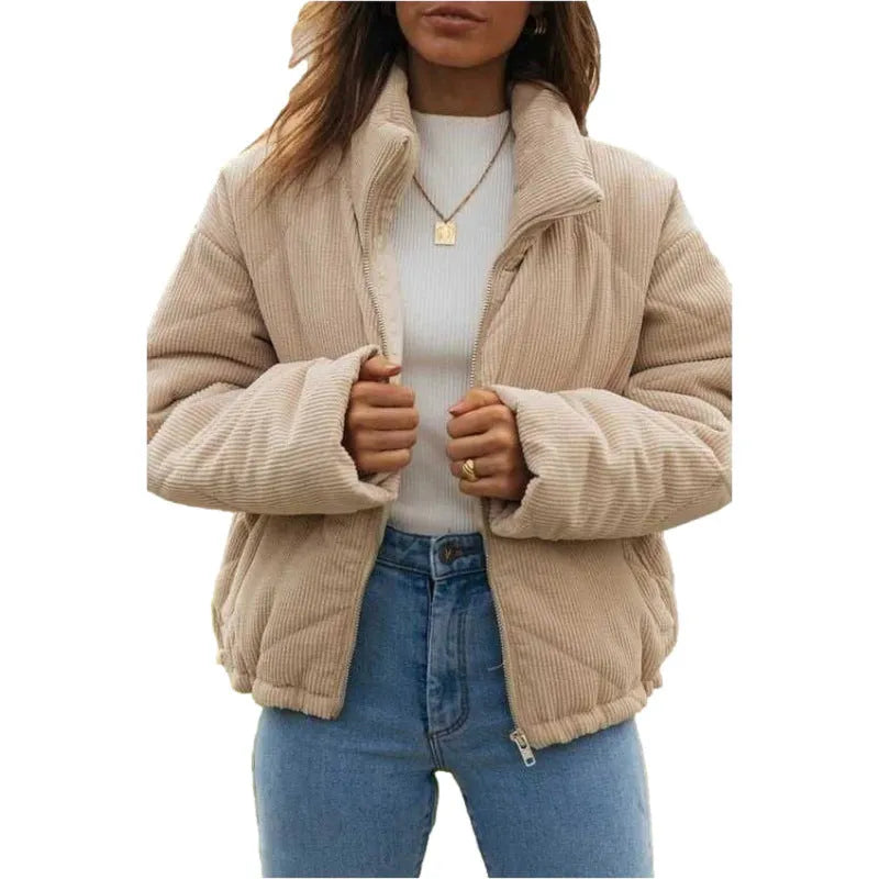 Women's apricot corduroy zip-up jacket with stand collar and street fashion styling
