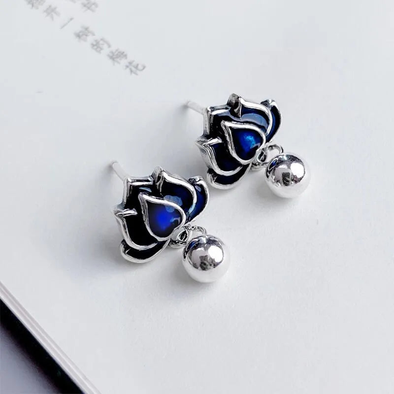 Blue Lotus artistic seedpod and tassel design silver tone alloy ear studs for women