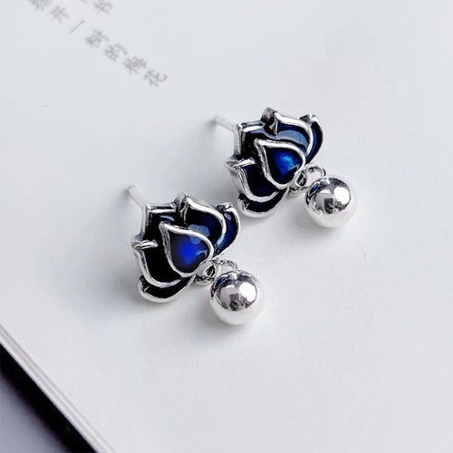 Blue Lotus artistic seedpod and tassel design silver tone alloy ear studs for women