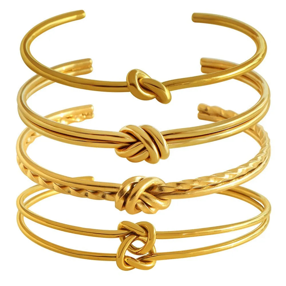 Adjustable knotted C-shaped double-layer bracelet in stainless steel with gold plating