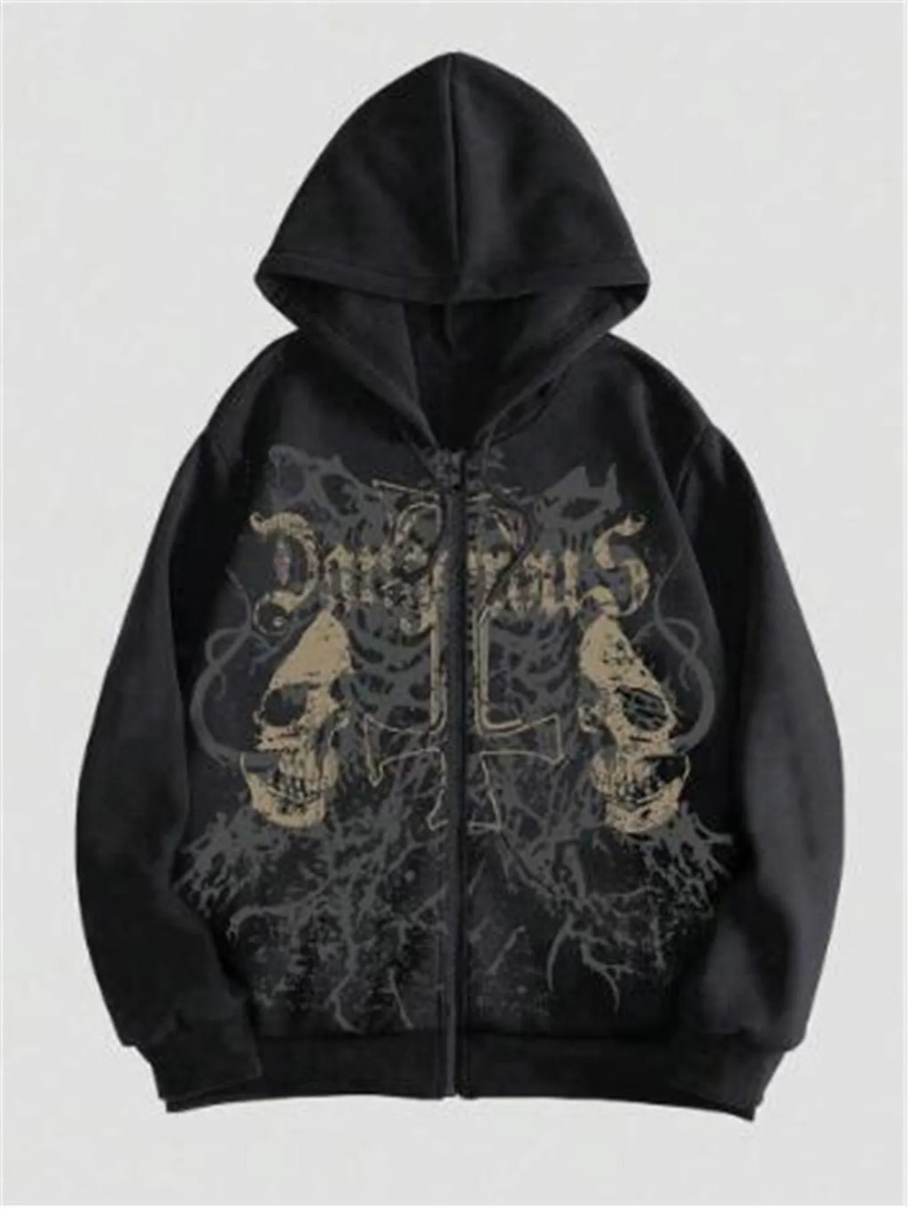 Black hooded men's sweatshirt featuring a detailed skull hot stamp print on the front.