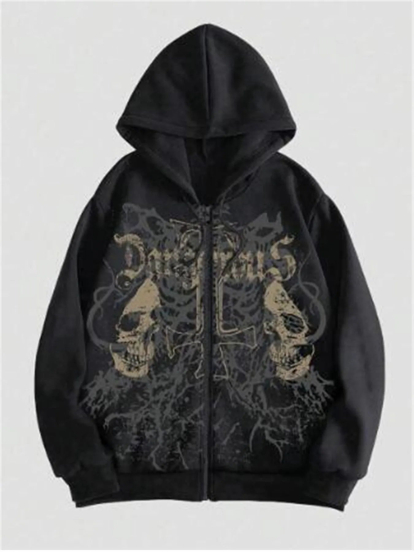 Black hooded men's sweatshirt featuring a detailed skull hot stamp print on the front.
