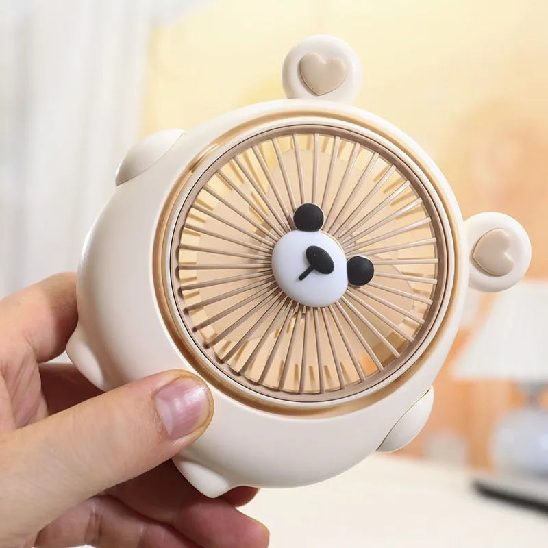 Desktop USB fan for dogs showing adjustable speed settings and colourful pet-themed designs