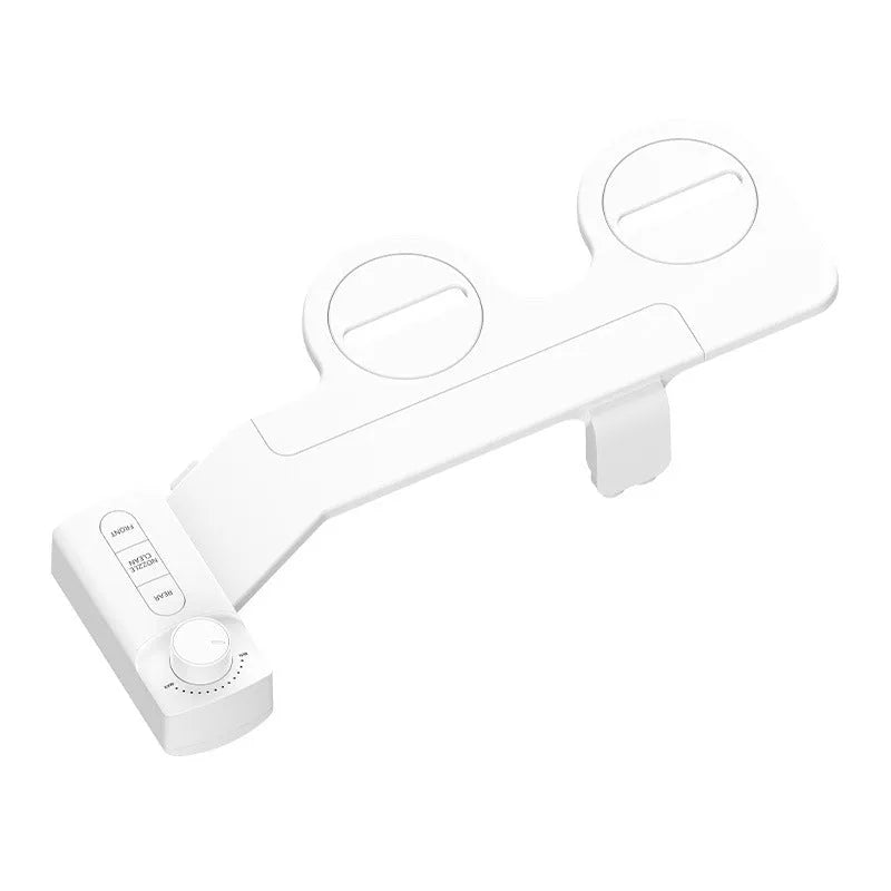 KB06 pure white non-electric wash butt-lifting tool with button, removable nozzle, and three brass adapters on a white background.