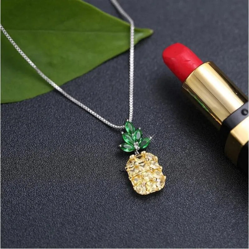 Korean fashion silver plated necklace with pineapple diamond pendant and geometric charm design on adjustable chain