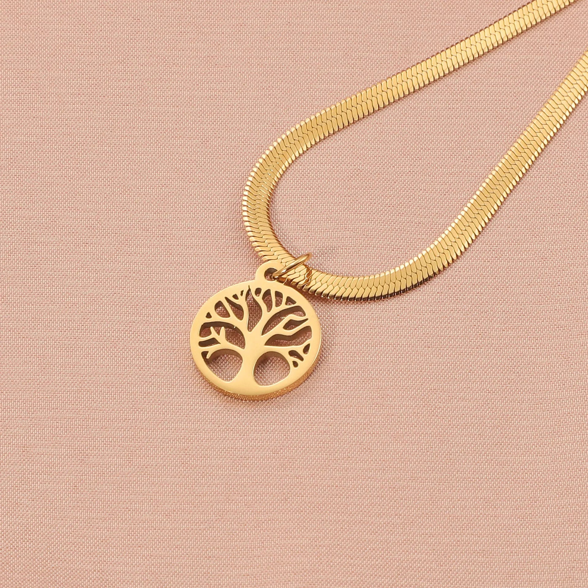 Stainless steel lucky tree necklace with U-shaped pendant on snake bones chain