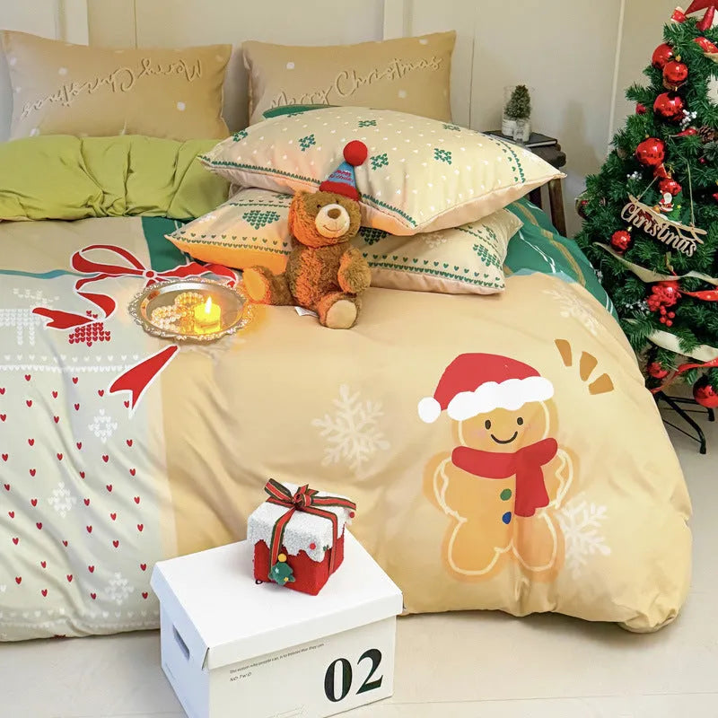 Christmas cartoon print bedding set with gingerbread man design on washed cotton, showing duvet cover and pillowcases.