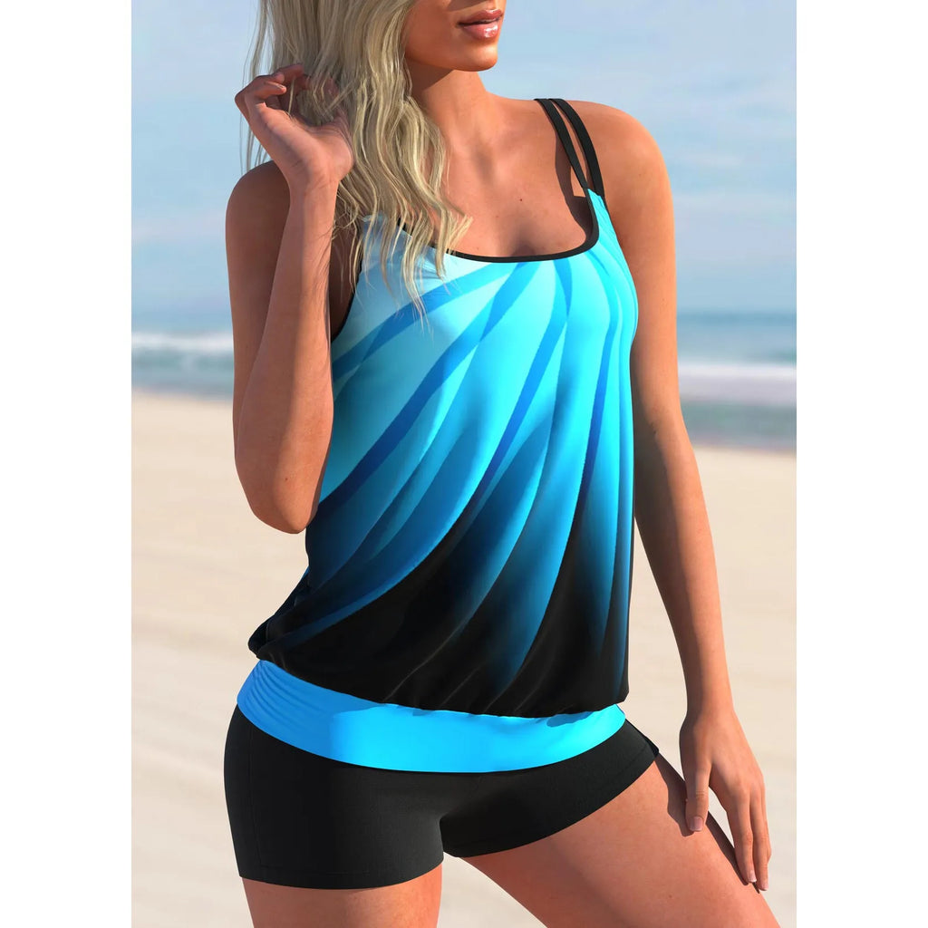 Women's plus size printed swimsuit set with strap top and beach shorts in butterfly pattern