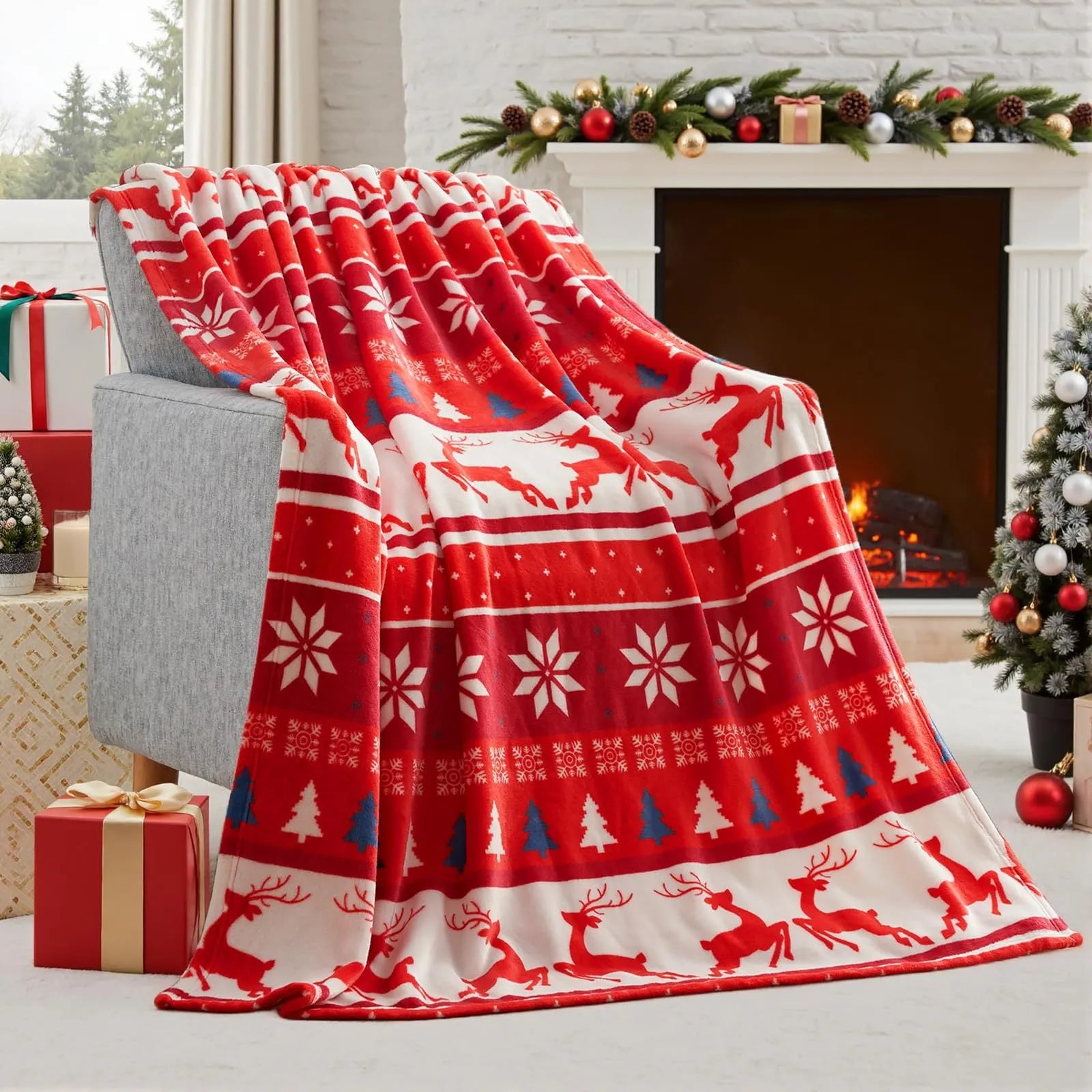 Soft flannel red Christmas blanket with plush texture on a sofa, showing reversible design and size scale.