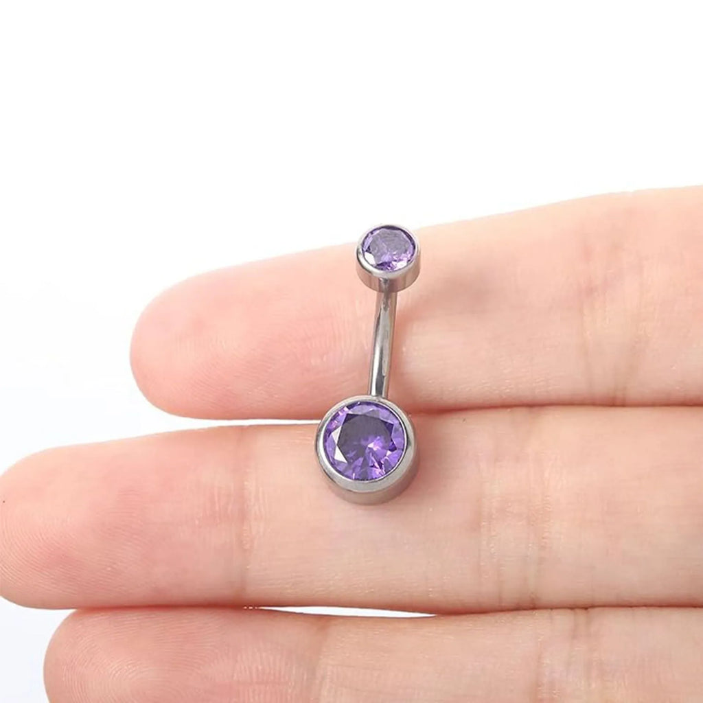 Titanium double-headed zircon navel stud in geometric shape on white background.