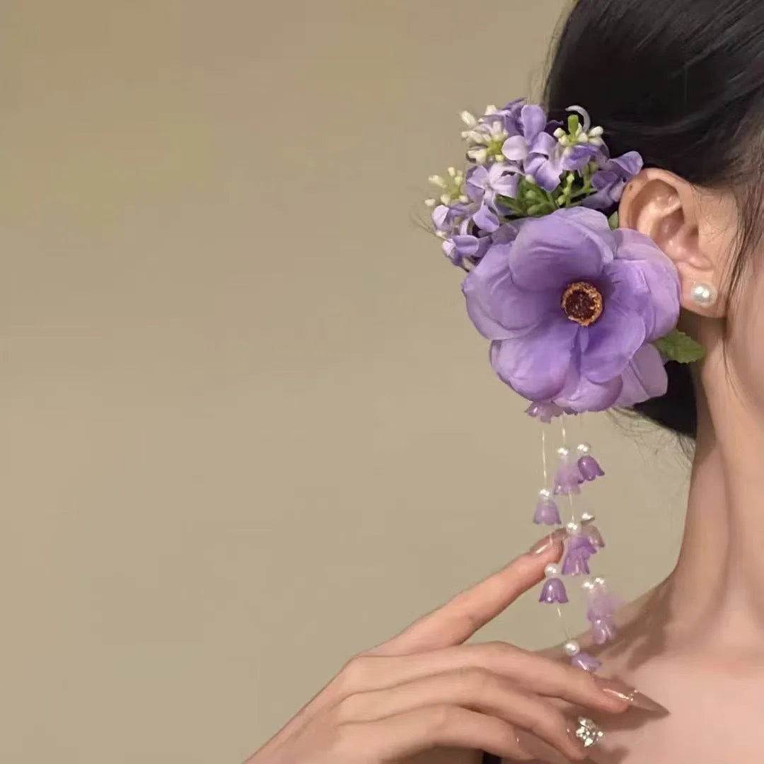 Yellow flower tassel side clip hair accessory with pearl and floral decorations