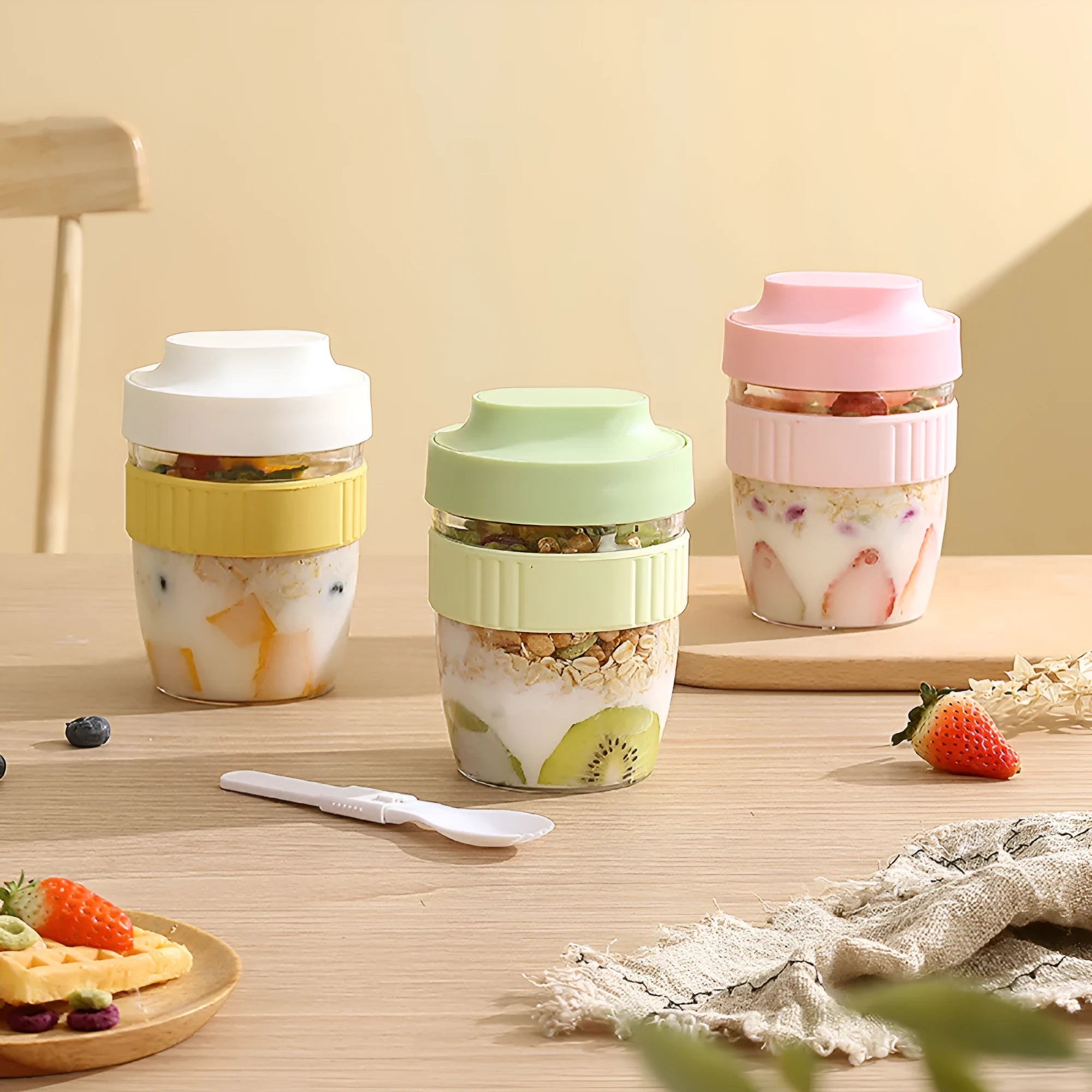 Green, purple, white, and pink plastic salad cups with lids and spoons in small and large sizes.