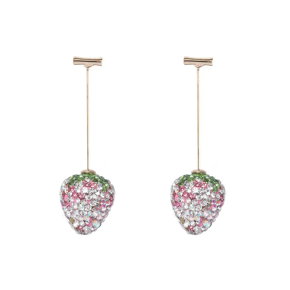 Close-up of geometric spot-drill strawberry stud earrings in red zinc alloy, shown on a plain background.