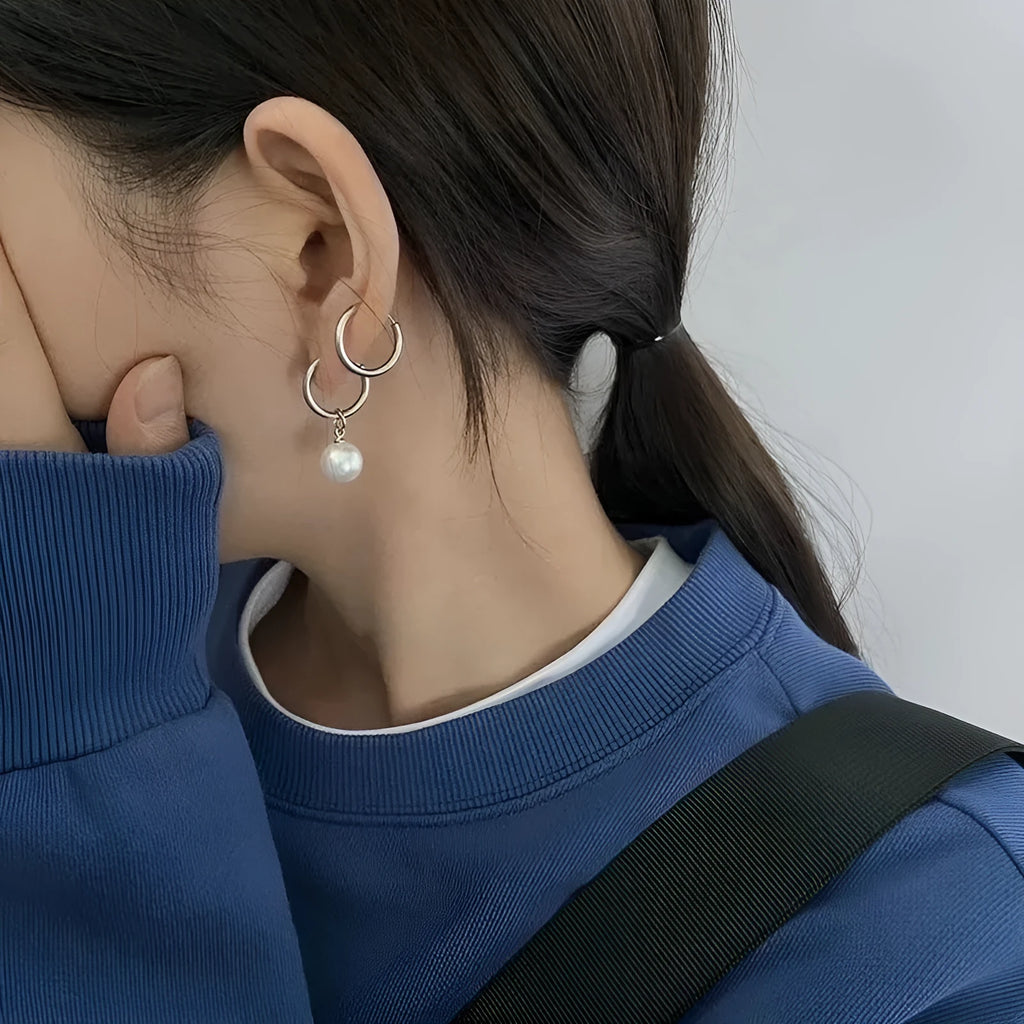 Geometric pearl drop earrings with alloy construction and titanium steel components