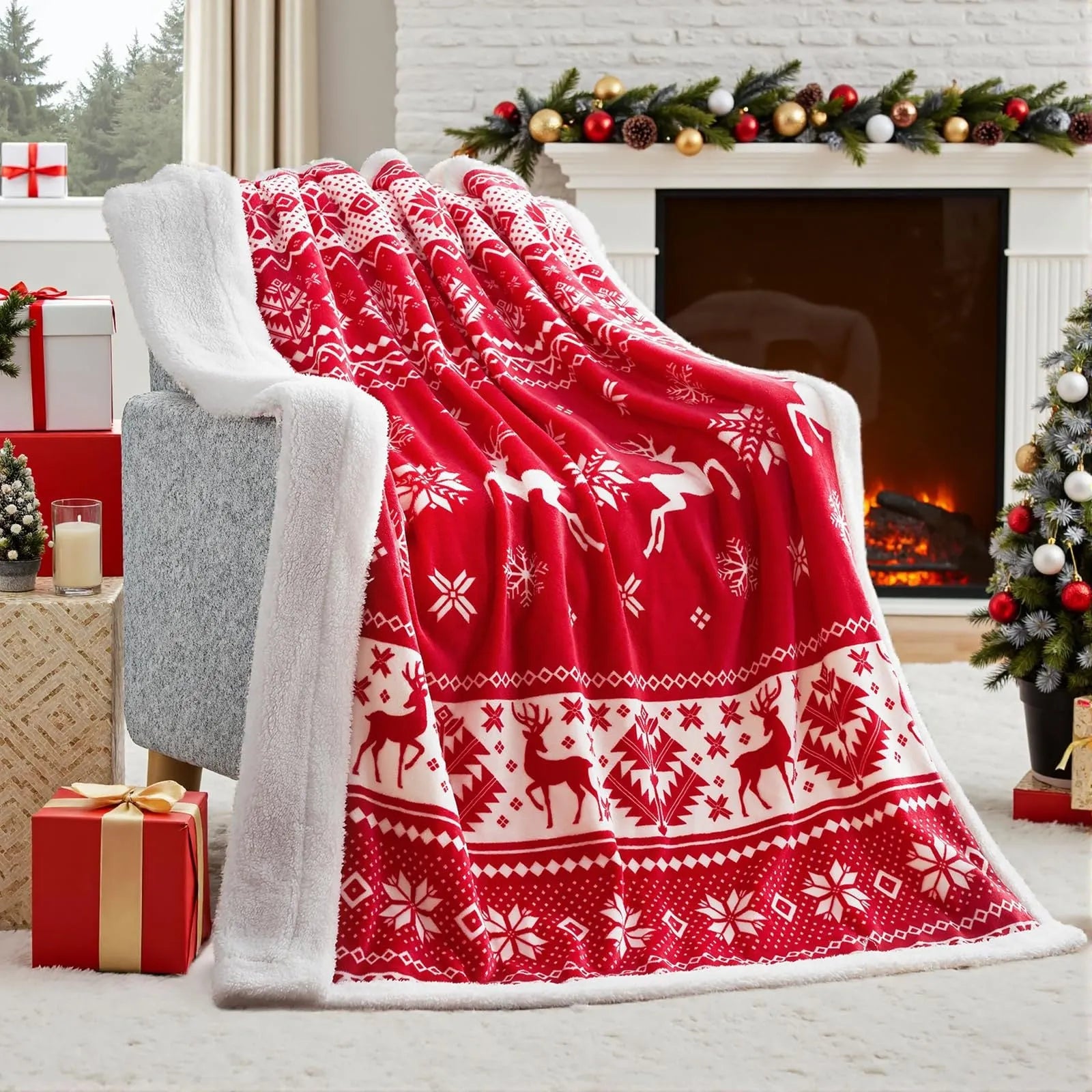Soft flannel red Christmas blanket with plush texture on a sofa, showing reversible design and size scale.