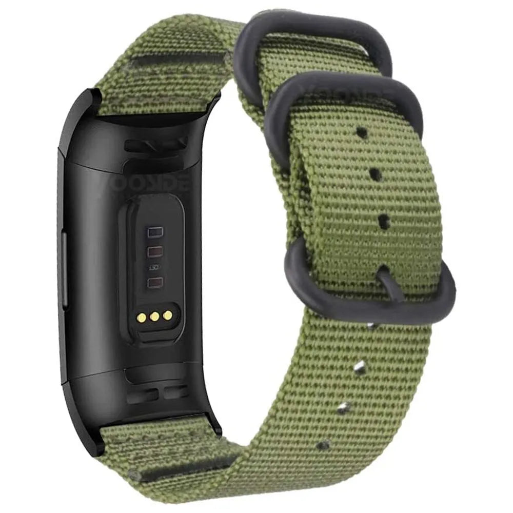 Fitbit Charge nylon replacement strap with three-ring buckle in army green colour.