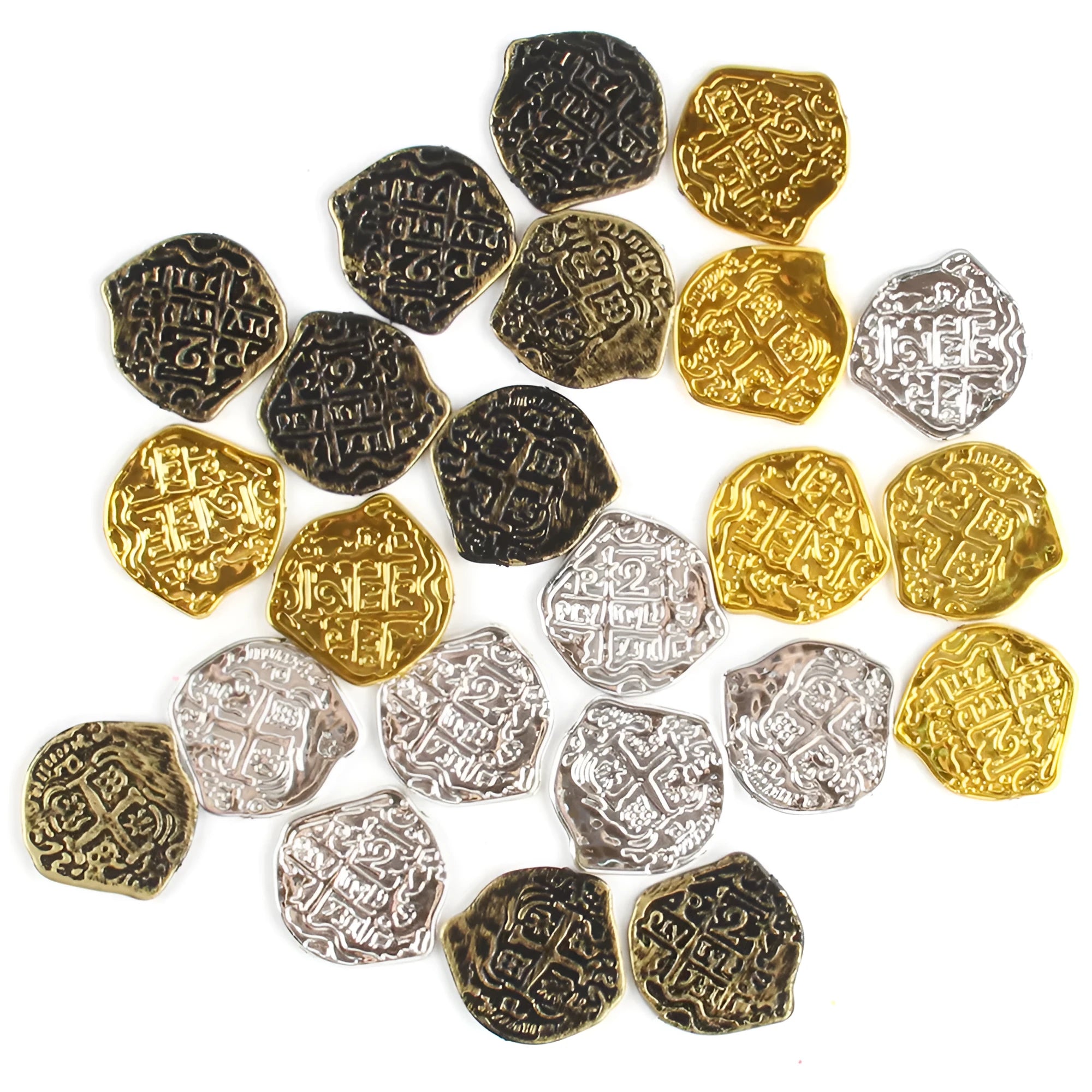 A pile of plastic Roman coins with a metallic gold finish, part of a 100-piece set for treasure-themed parties.