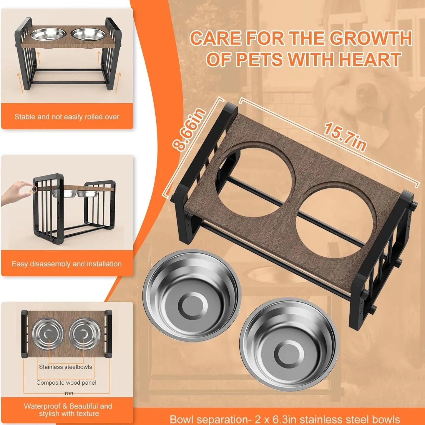 Black wooden dog bowl bracket 37x23cm with non-slip base for feeding station