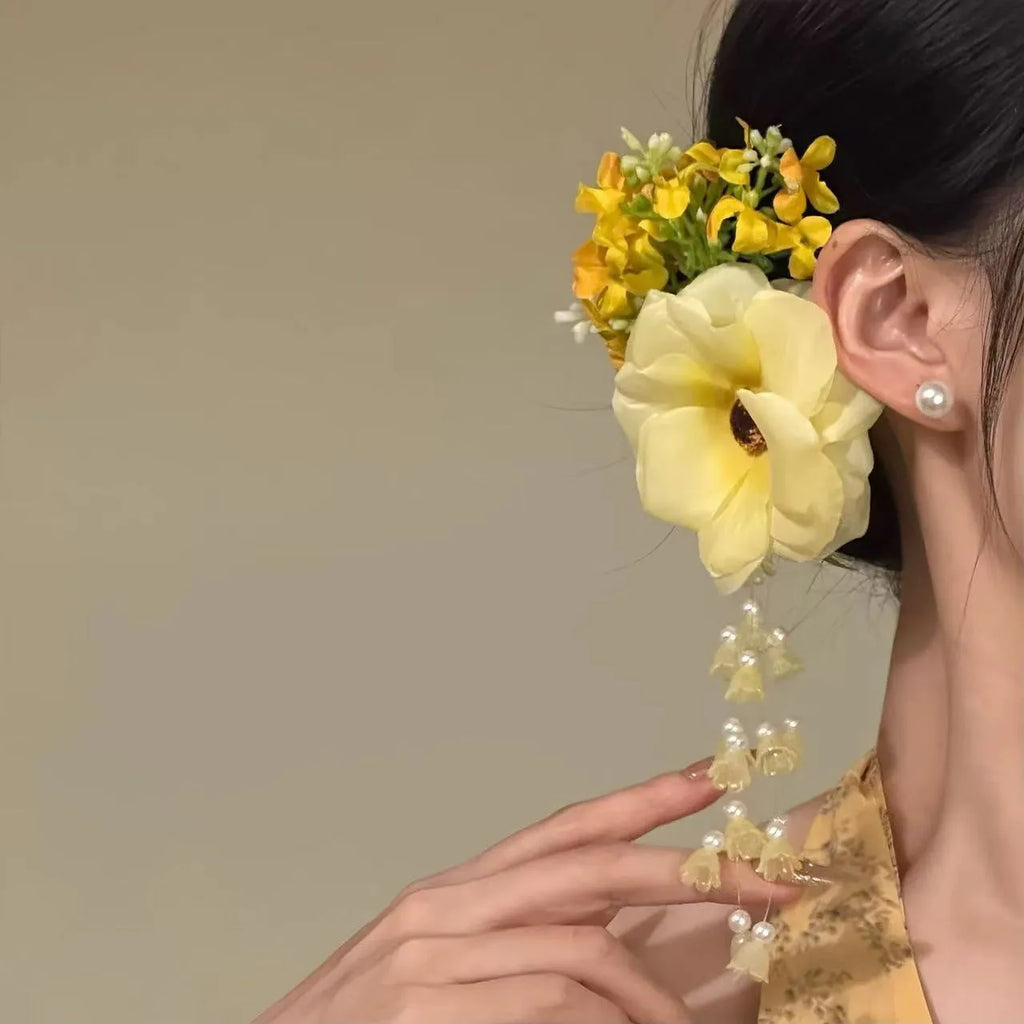 Yellow flower tassel side clip hair accessory with pearl and floral decorations