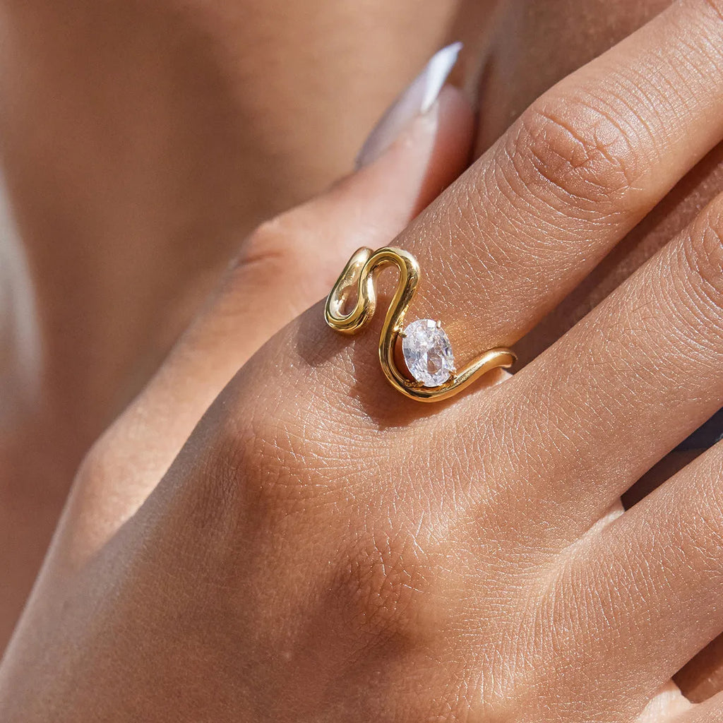 Geometry-designed zircon ring in titanium steel with European and American style, shown in one of nine available colours.