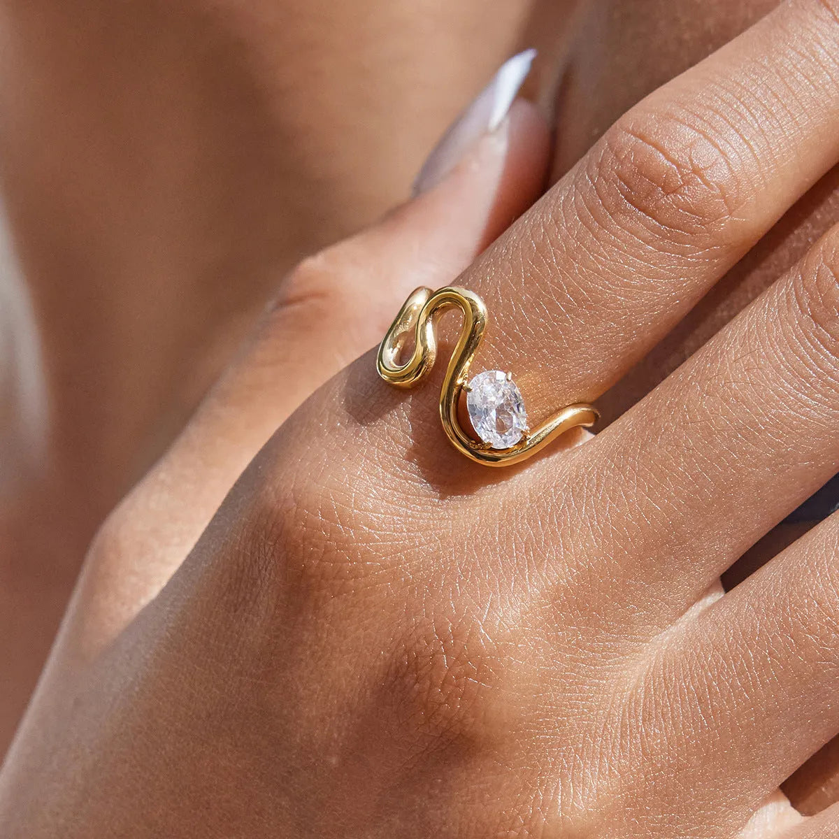 Geometry-designed zircon ring in titanium steel with European and American style, shown in one of nine available colours.