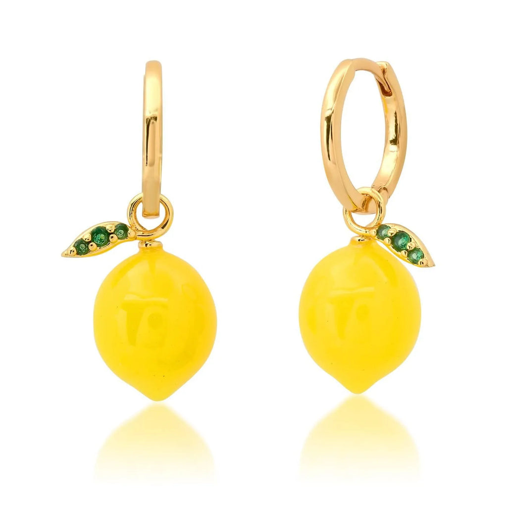 Gold plated copper earrings with fruit and vegetable designs including carrot, orange and lemon